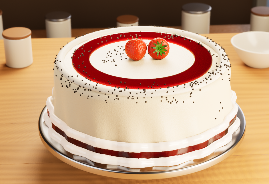 Cake made in CakeMake, decorated with white frosting, red glaze, strawberries and sprinkles