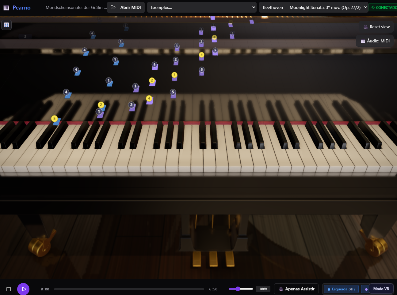 Pearno: falling notes aligned with the keys of a 3D grand piano